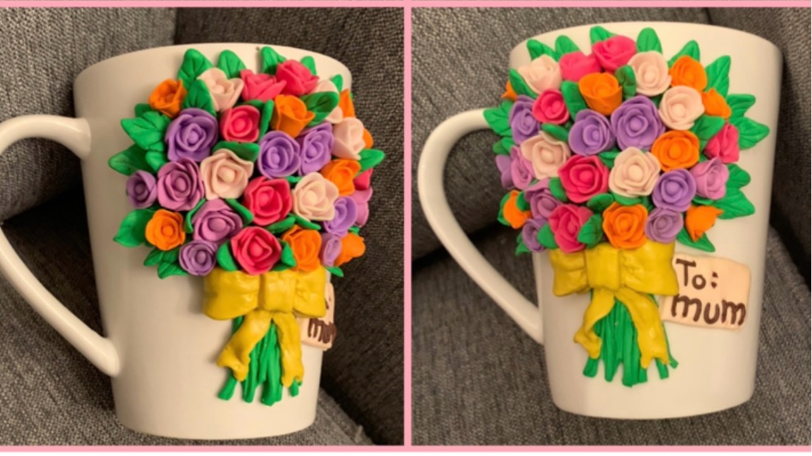 Handmade flowers bouquet design on mug